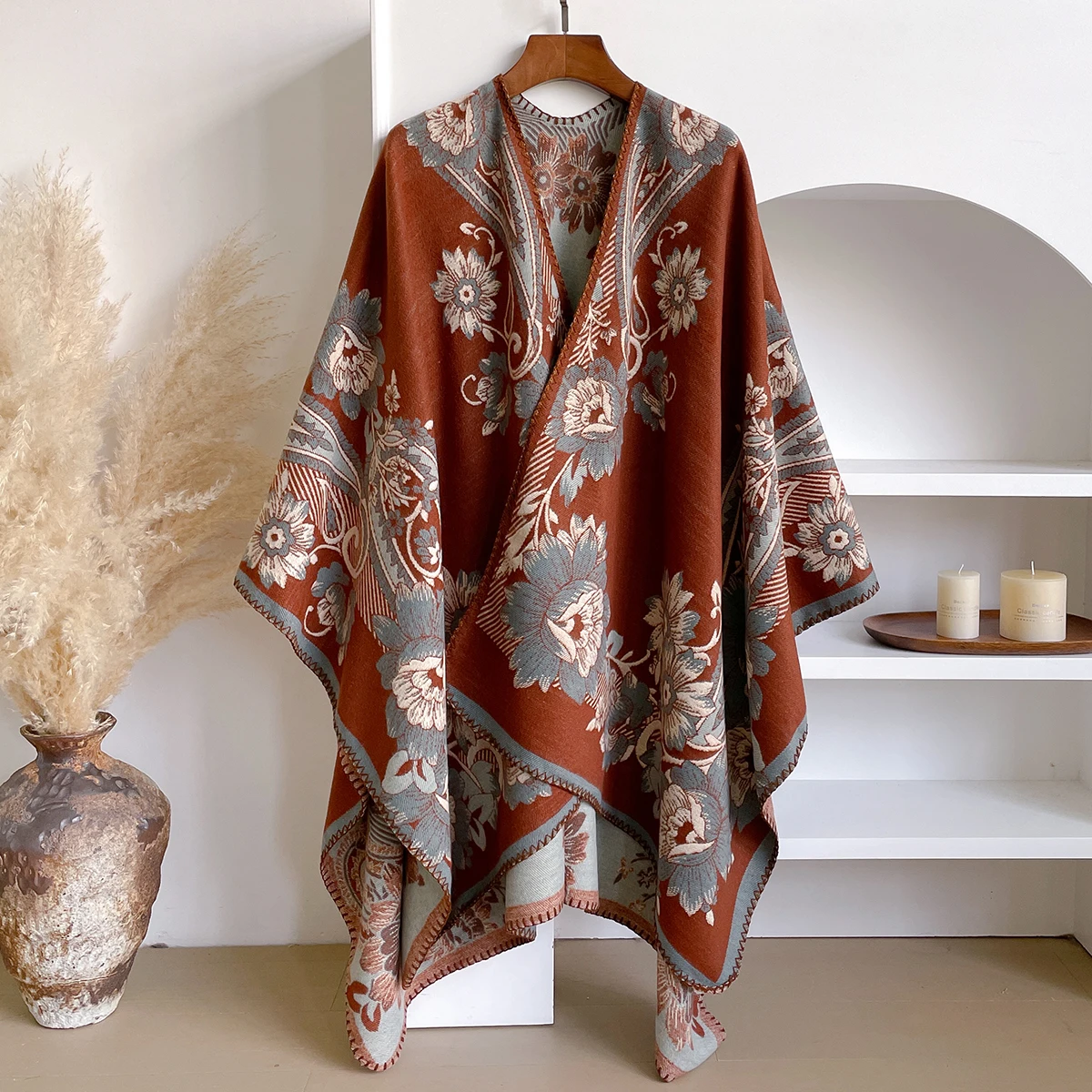 Brand Fashion Women's Winter Cashmere Shawl - Bright Floral Oil Painting Printed Pashmina Thick Wrap, Poncho & Echarpe