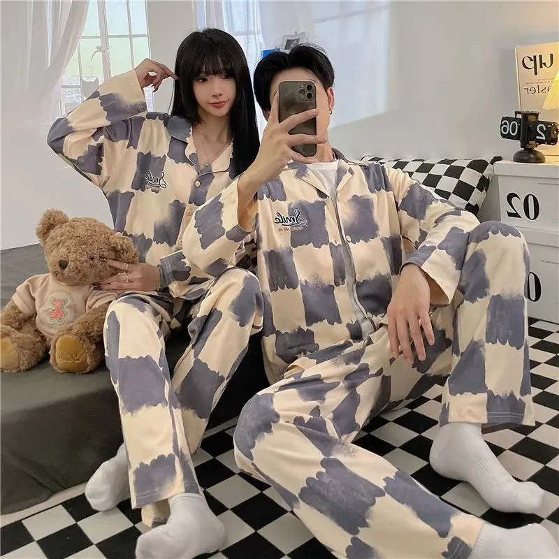 New Couples Pajamas Spring and Fall Students Long-sleeved Men\'s Cardigan Fashion Simple Plaid Homewear Women Pajamas Set