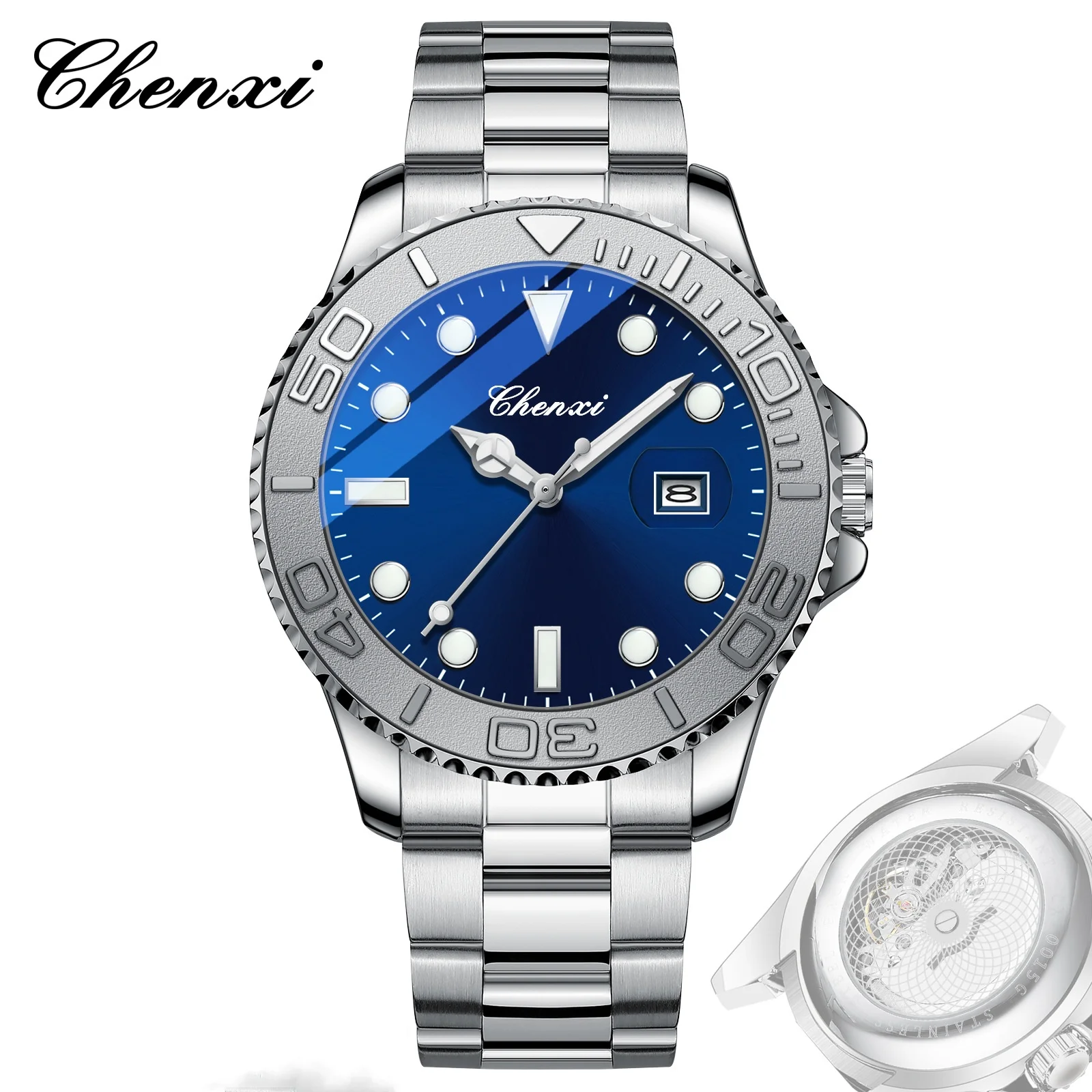CHENXI 0015 Men's Quartz Watch Fashion Business Calendar Luminous Stainless Steel Strap Wristwatch for Male
