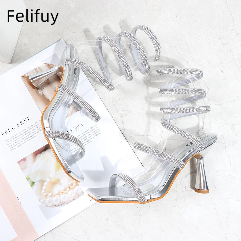 

Silver New Ankle Snake Twine Around Sandals Sexy Silver Pink Summer Crystal High Heel Shoes Open Toe Women's Shoes Size 42
