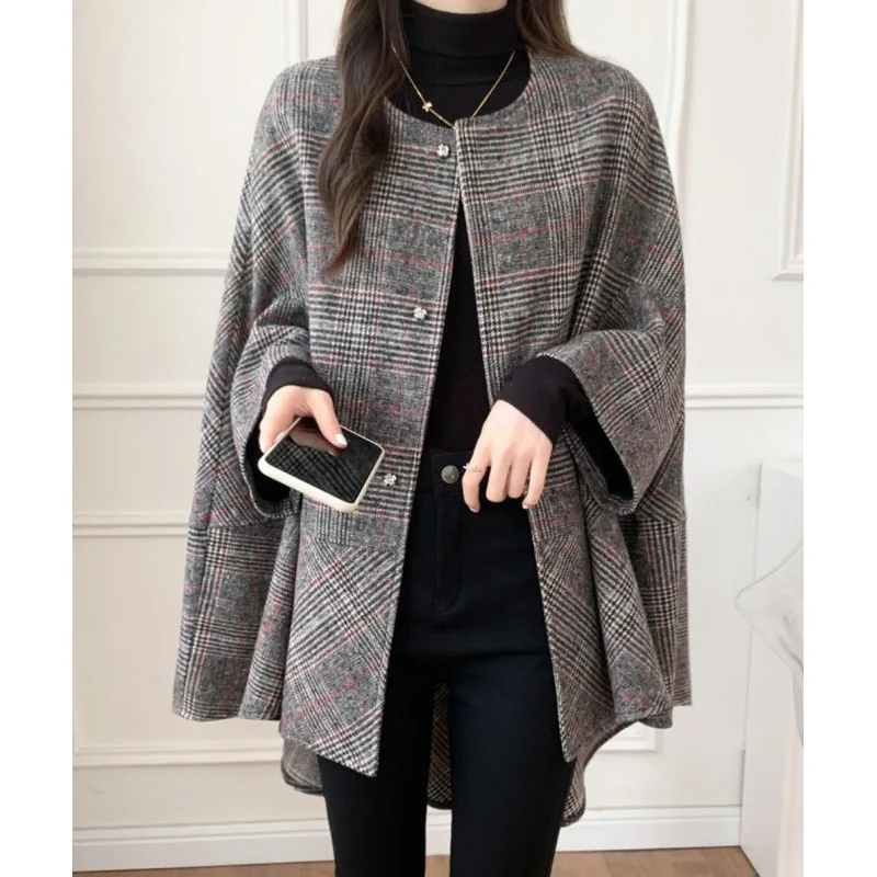 Mantel ponco rajut wanita, Luaran leher O kotak-kotak, gaya Korea musim gugur dan dingin