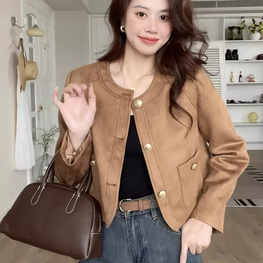 Korean Style Elegant Suede Short Jackets For Women Spring Autumn O Neck Solid Color Coat Ladies Small Fragrant Wind Outwear Tops