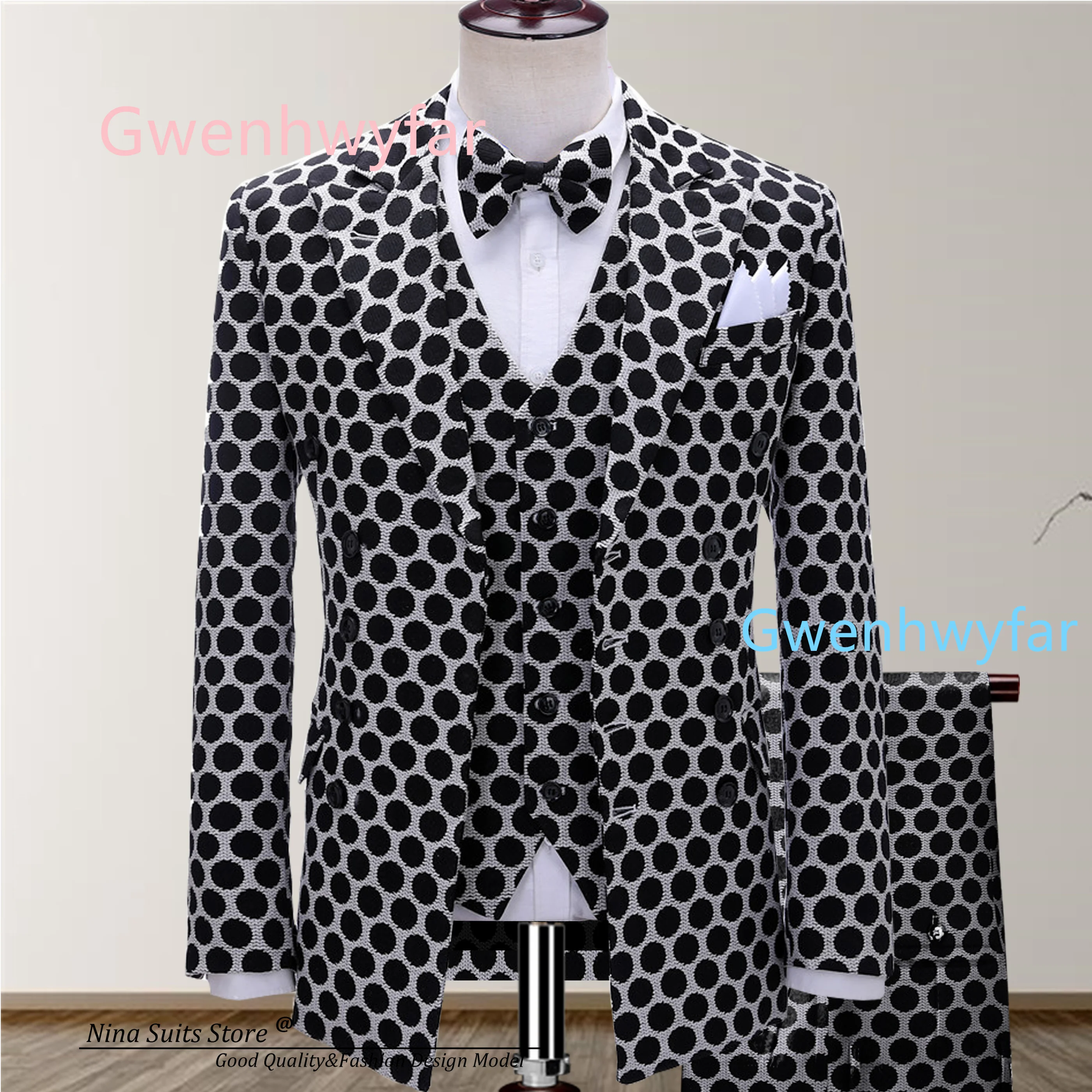 

Gwenhwyfar Custom Make Light Grey Black Dot Suits Jacquard Tuxedos for Groom Wedding 2026 New Double Breasted Male Party Suits