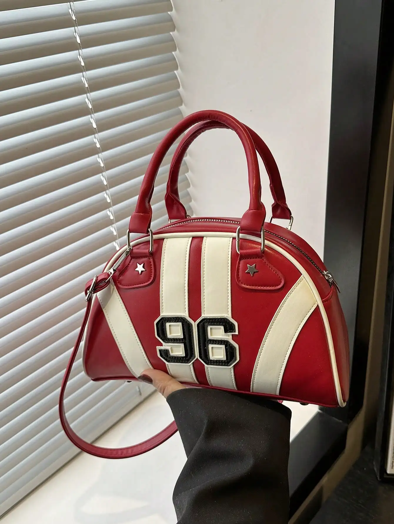 

Red & Cream Stripe Top-Handle Bowling Bag with Numeric Appliqué