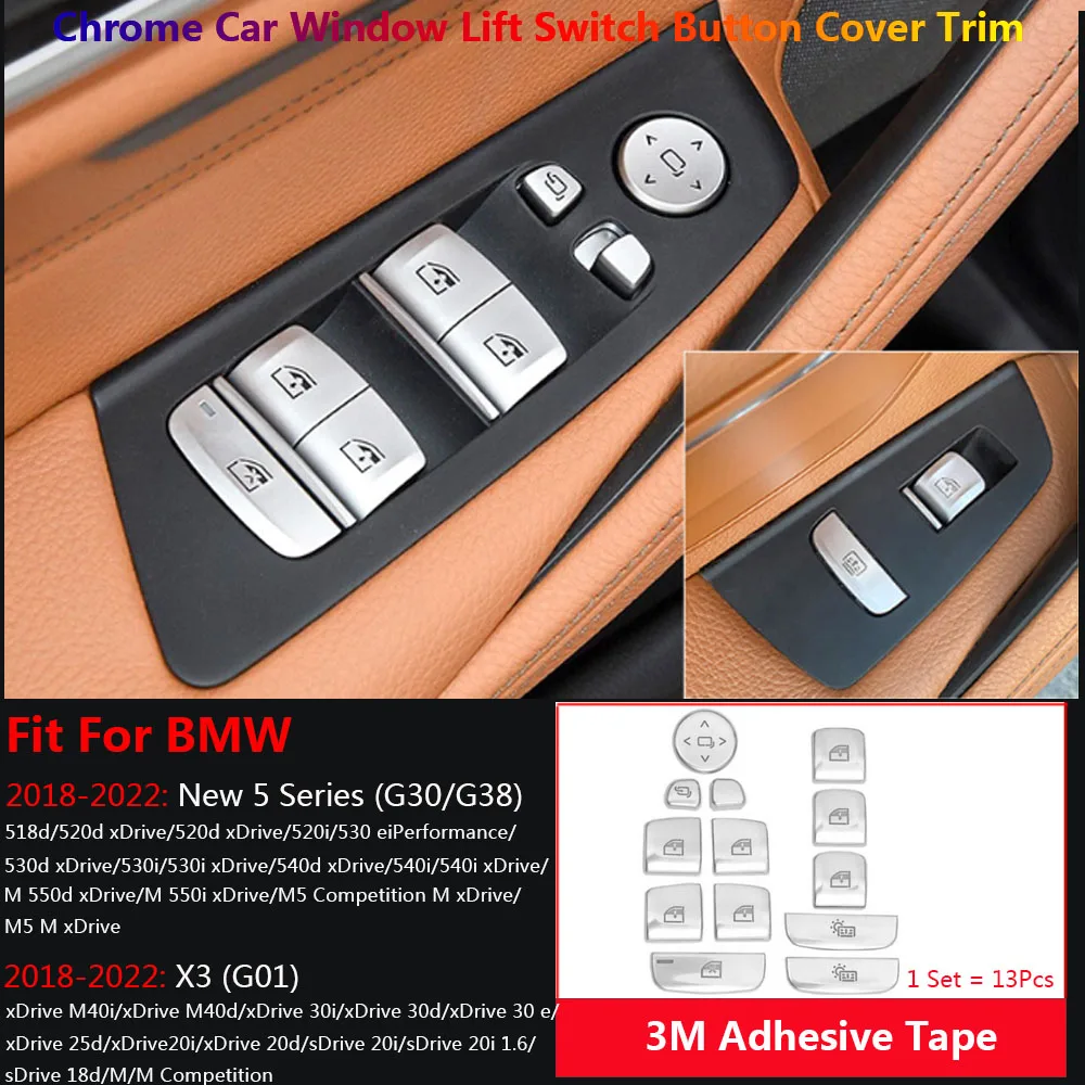 13Pcs Chrome Car Door Window Lift Switch Cover Trim Stickers For BMW 5 Series G30 G31 G38 X3 G01 Auto Interior Inner Accessories