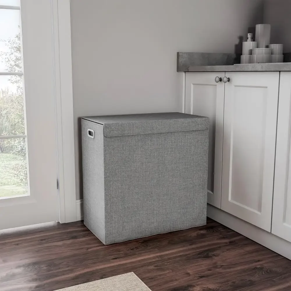 

Dual Compartment Fabric Laundry Hamper with Lid Gray Sorter and Basket