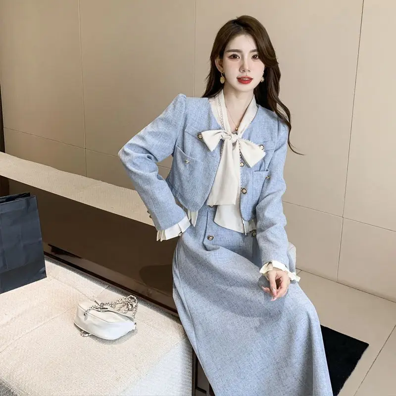 

Woman's Autumn/winter Fragrance Style Tie Tweed Blazers Coat Skirt Set Vintage Solid Color Bow Overskirt Two-piece