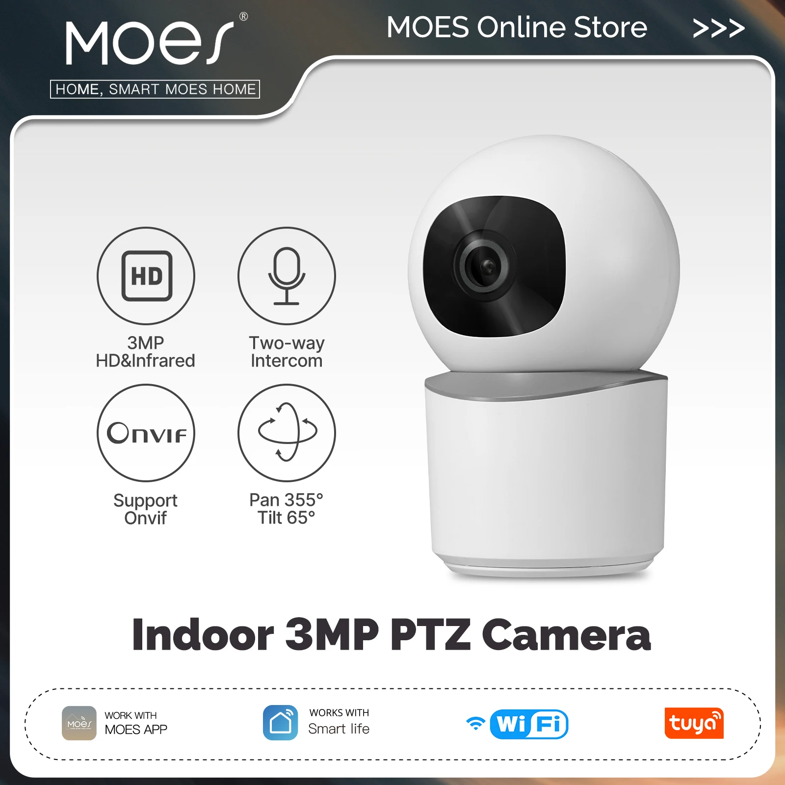 MOES Tuya WiFi Indoor Pan/Tilt Smart Security Camera 3MP HD Infrared Night Vision Motion Tracking Sound Detection Support Onvif