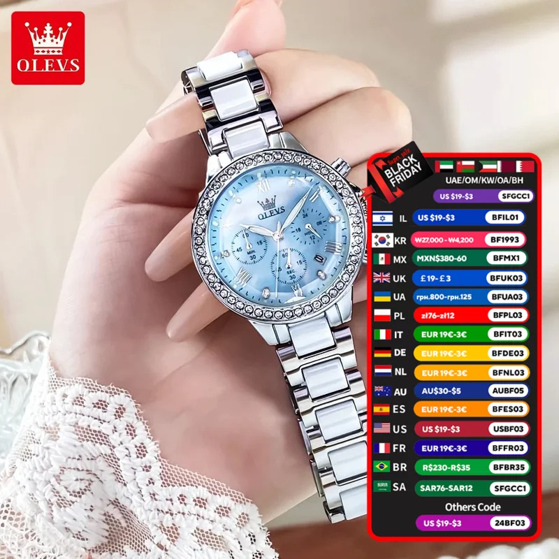 OLEVS Ladies Watch blue Ceramic Designer Elegant Note Fashion Luxury Date Waterproof Valentine's Day Present Quartz watch