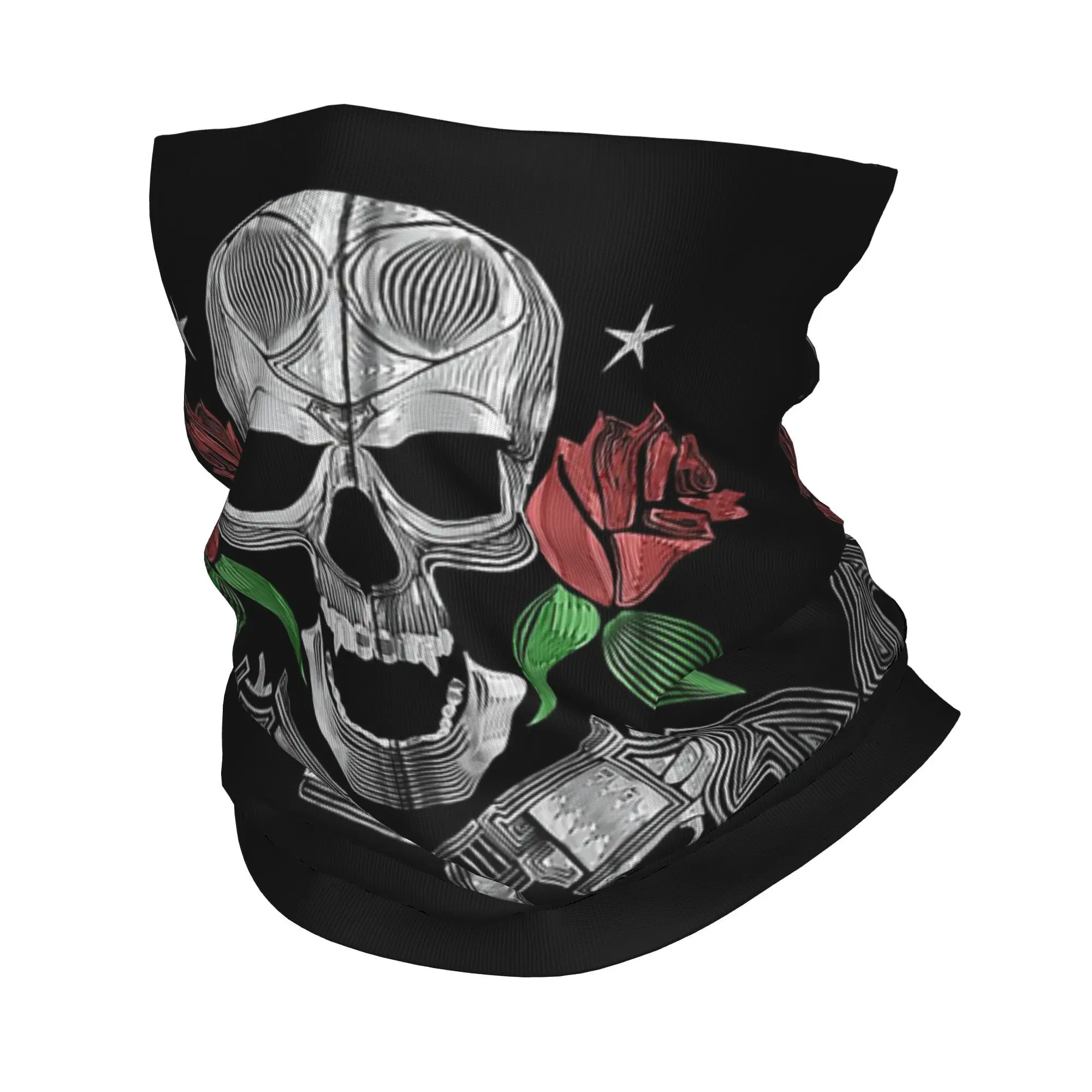 الورود الحمراء مع البنادق والجمجمة تصميم الرمز البريدي هوديي باندانا الرقبة الجراب المطبوعة وشاح سحري دافئ عقال ركوب الخيل