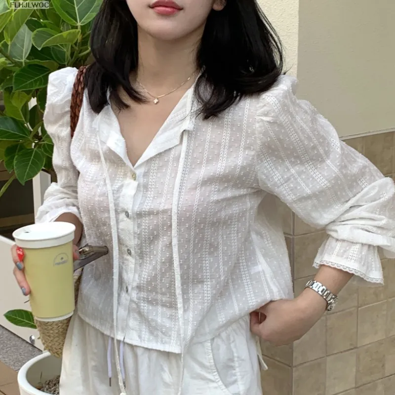 2023 Women Cute Tops Preppy Style Vintage Japaneses Korea Design Single Breasted Button Elegant White Lace Shirts Blouses