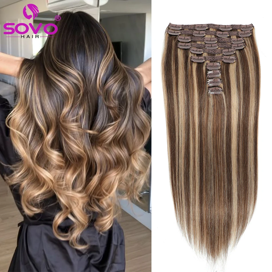 Clip In Human Hair Extensions Straight Remy Full Head Double Weft Thick Ends P4/27 Highlight 140G-200G 10Pcs Set 18-28 Inch