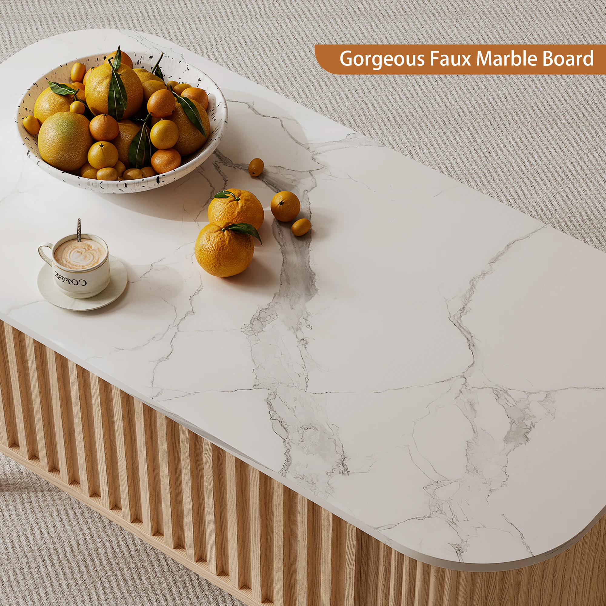 40" Lift Top Coffee Table with Storage, Faux Marble Tabletop & Solid Rubber Wood Legs, Mid-Century Modern Lift-Up Coffee Table f