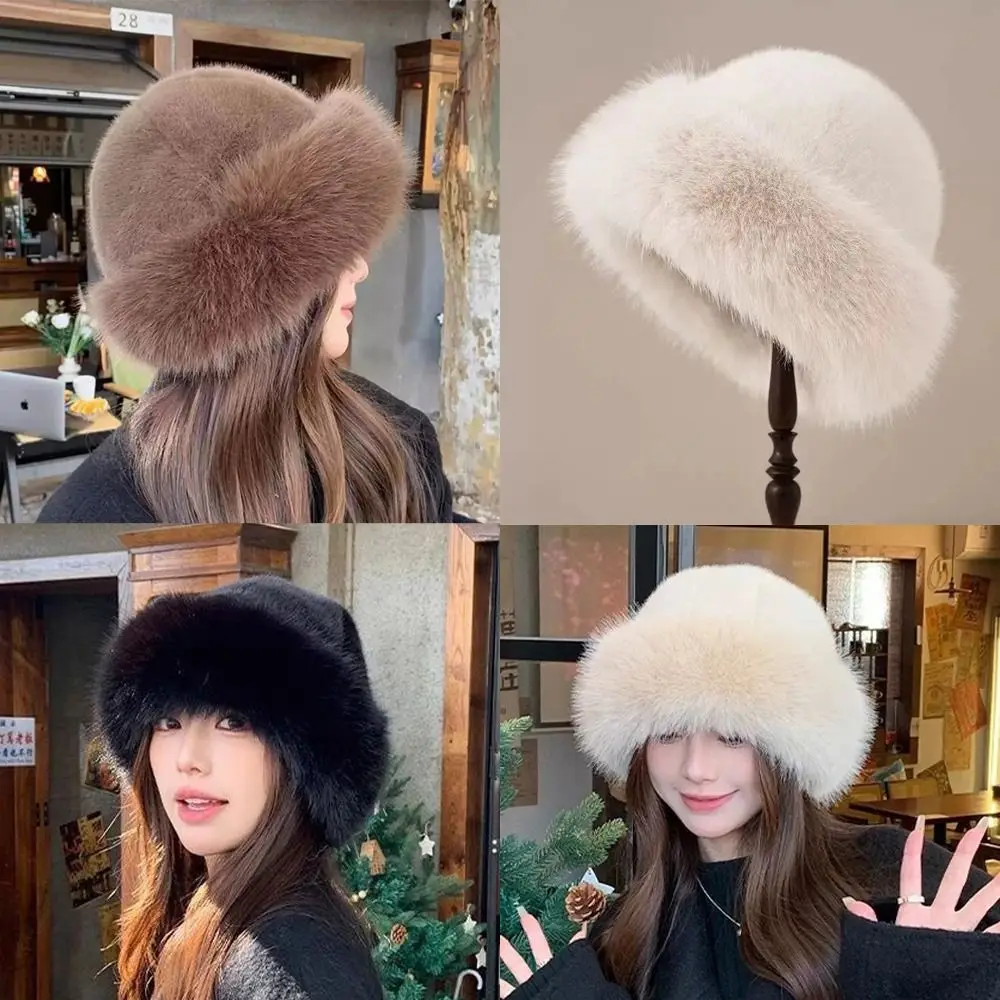 

Thick Warm Fluffy Fur Bucket Hat Solid Color Winter Beanies Hat Brimless Imitation Mink Fur Panama Cap Cold Weather