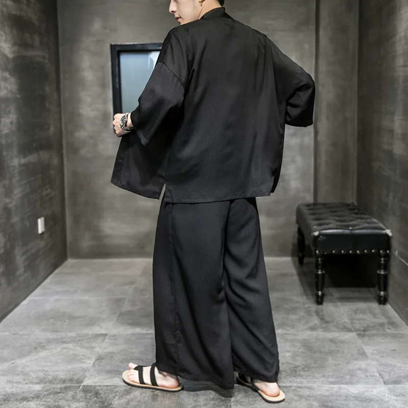 Summer Thin Kimono Set Traditional Japanese Samurai Costumes Oversized Haori Yukata Streetwear Loose Cardigan Pants Two-Piece