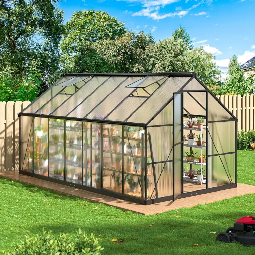 

8x14 FT Greenhouse with Window for Ventilation, Quick-fit Structure Greenhouses, Outdoor Aluminum Greenhouse