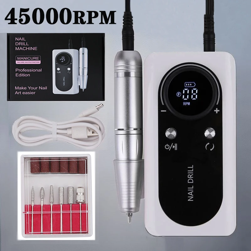 45000RPM Nail Drills for Acrylic Nail Professional Electric Nail File Machine for Home Use Salon Rechargeable Efile for Gel Nail