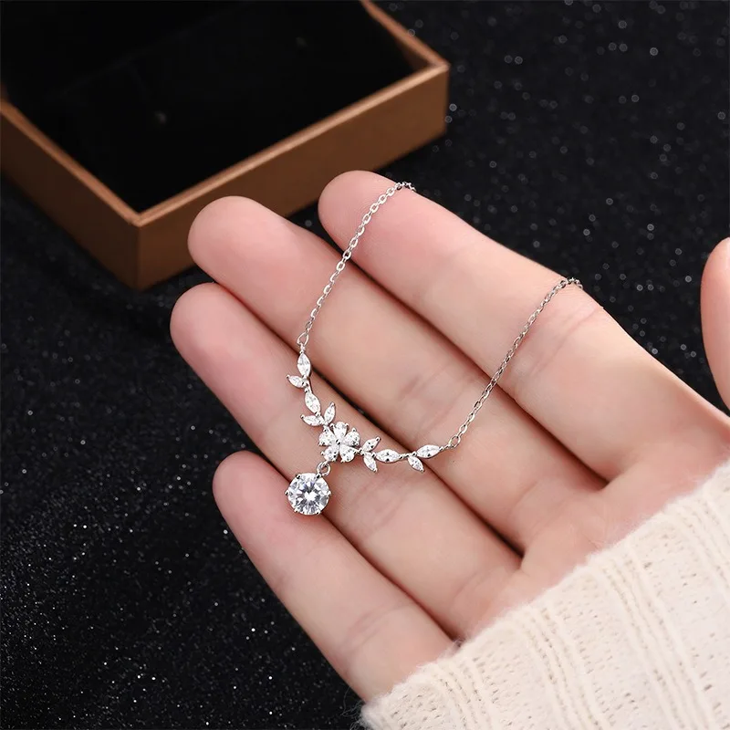 Luxuriöse 925 Sterling Silber Halskette mit Blätter-Anhänger für Damen, Hochzeit, Verlobung, Modeschmuck, 5A Zirkon, Klassisches Geschenk für Partys – Detail 7