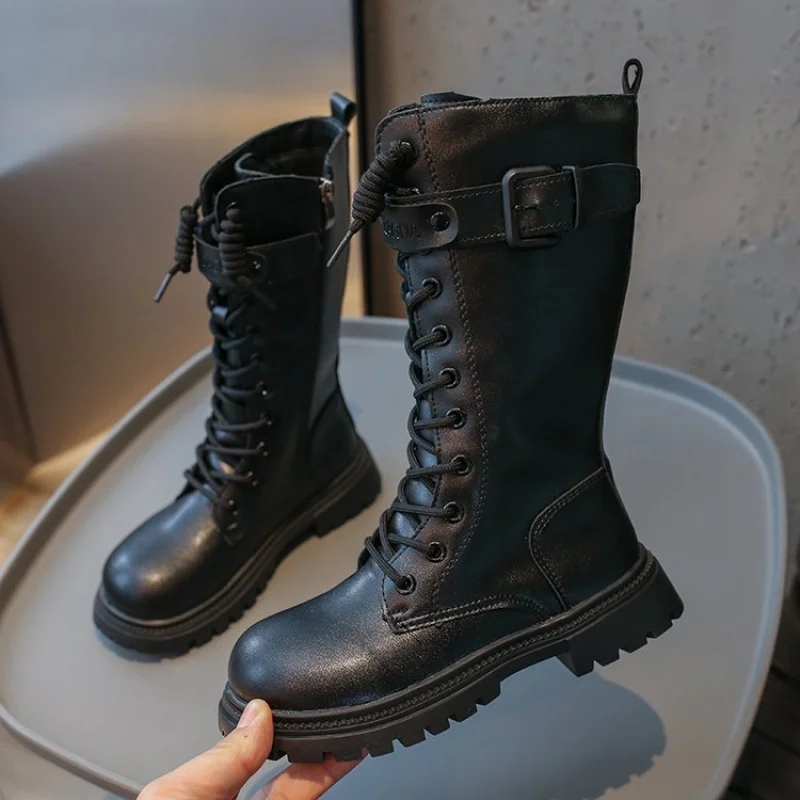 الفتيات أحذية طويلة أسود الركبة عالية 2025 الخريف الشتاء الأطفال أحذية عالية المد سستة موضة العلامة التجارية الجديدة دراجة نارية للأطفال الأحذية #3