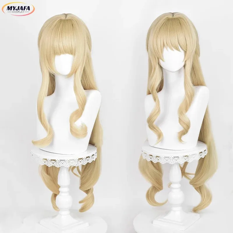 zz04zz12Navia Cosplay Game Fontaine Navia Long Linen Gold Curly Heat Resistant Synthetic Hair Role Play Wigs + Wig Cap