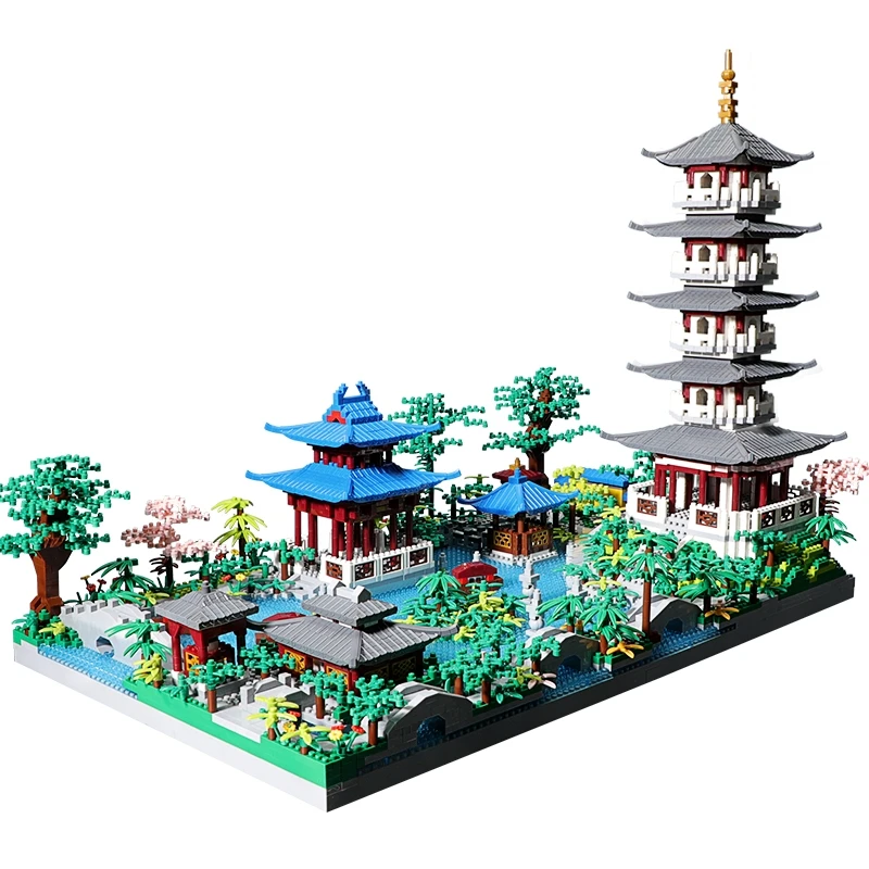 5186PCS Chinese Architecture Micro Building Blocks Tower West Lake Trees DIY Diamond Bricks with Light Toy for Kids Adults Gifts