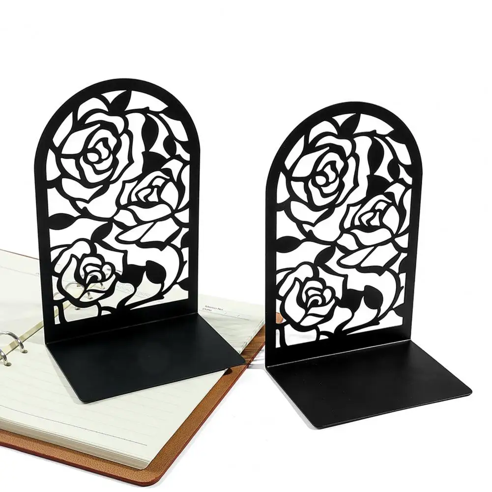 1/3 Pairs Metal Bookends Hollow Rose Flower Design Bookends Heavy Duty L-shaped Bookends Book Supports Non-Skid Book Stoppers