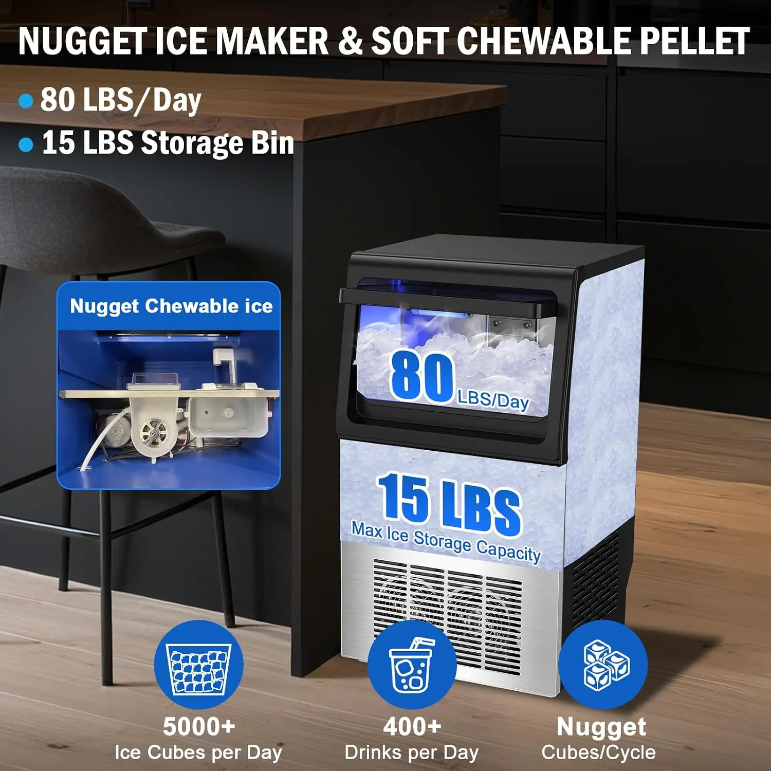 Nugget Ice Maker, 80 LBS/Day with 15 LBS Storage Bin, Freestanding Undercounter Ice Maker Machine Stainless Steel, Soft Chewable
