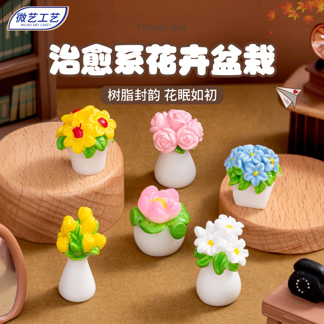 6Pcs Artificial Rose Flower Mini Vase Resin Figurine Simulation Bonsai Micro Landscape Ornament Dollhouse Desktop Decor Craft
