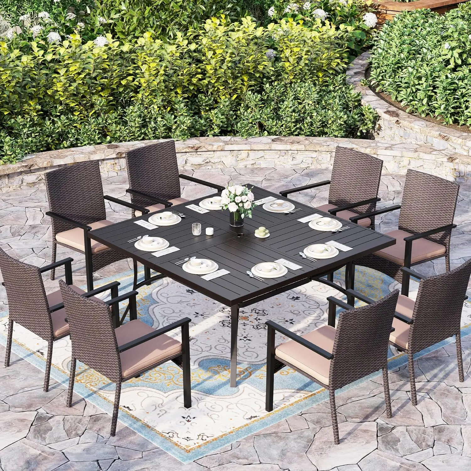 

9 Pieces Patio Dining Set for 8, Outdoor Dining Furniture with 1 X-large E-coating Square Metal Table and Chairs with Cushions