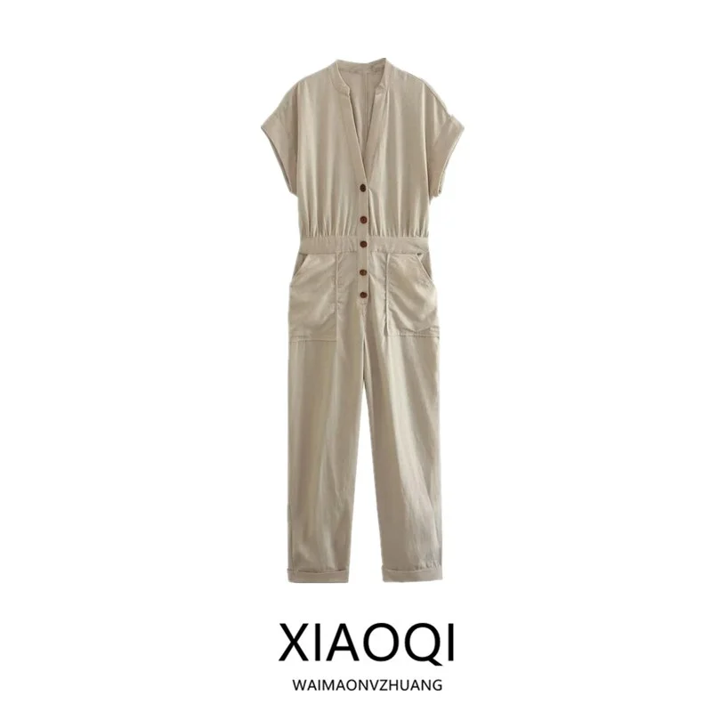 

Summer 2024 Women's Design Sense Versatile Linen Jumpsuit Long Pants Straight Cut mid Waist Polyester Blend Faionable