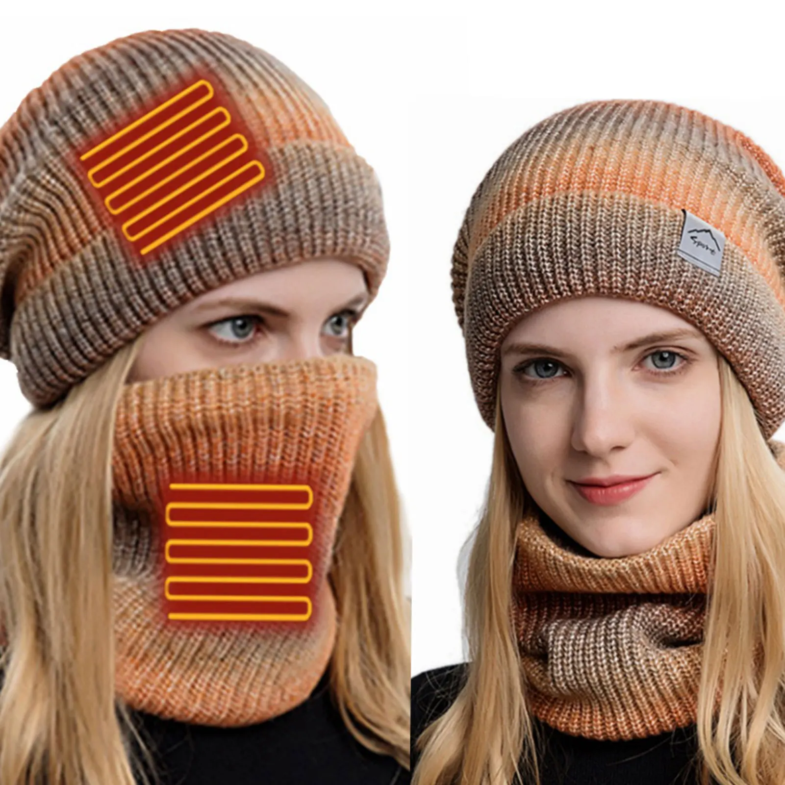 Gorro con calefacción eléctrica USB y calentador de cuello para mujer, conjunto de gorro de esquí grueso de punto suave y transpirable, para Navidad