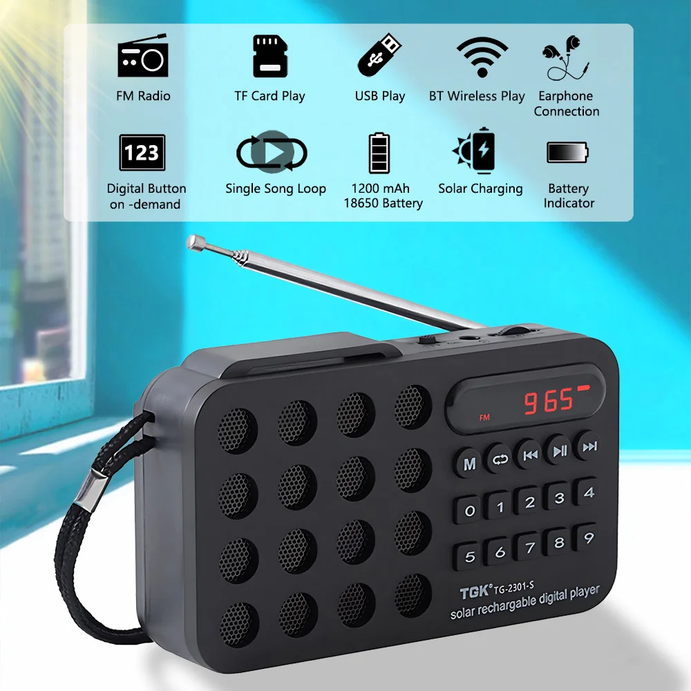 Rechargeable Portable FM Radio Mini Solar Bluetooth Wireless Speaker Support USB TF Card MP3 Music Player with FM Radio Receiver