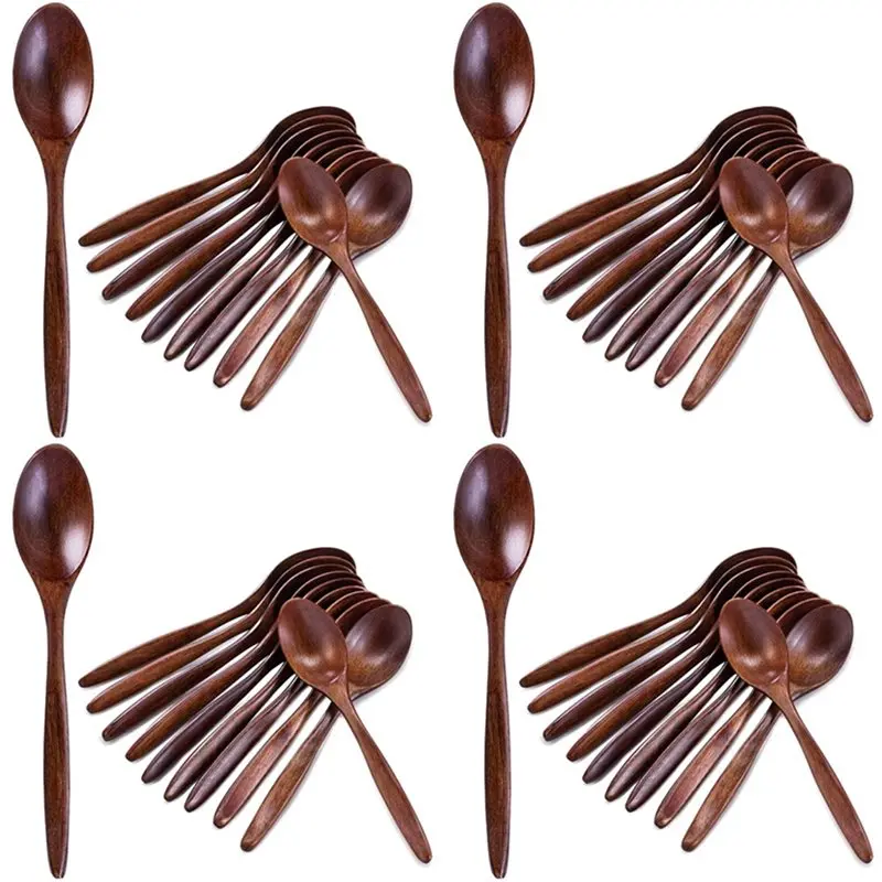 BAAG-Wooden Spoons, 40 PCS Wood Soup Spoon Set, Long Handle Natural Wood Table Spoons 7.3 Inches