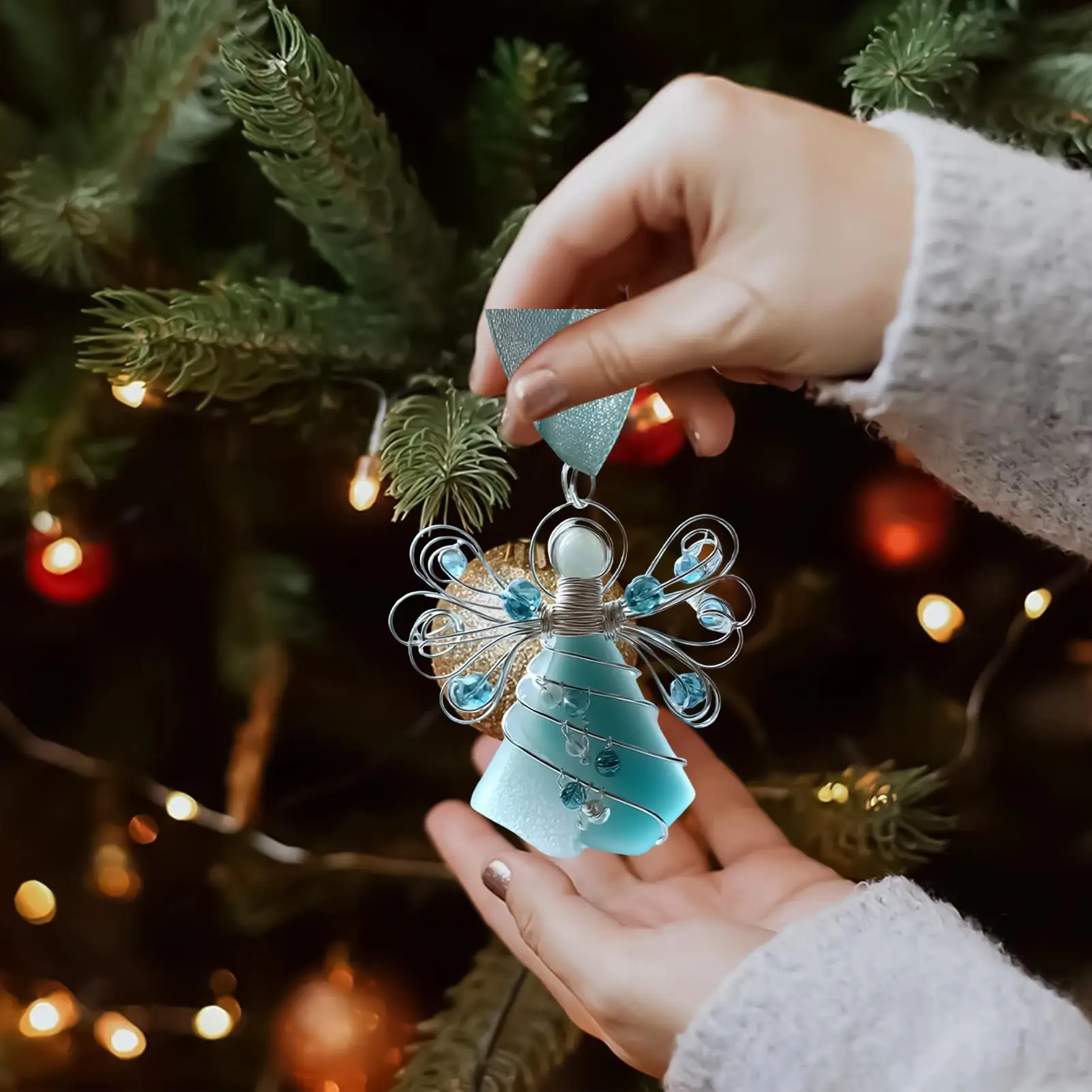 Sea Glass Christmas Ornaments 6 Pieces Angel Holiday Pendant 2D Acrylic Christmas Tree Ornament For Workplace Living Room