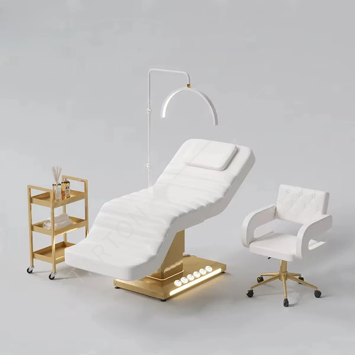 Modern Beauty Salon Furniture Leather Massage Table Wood Grain Cylinder Base Electric Velvet Facial Spa Lash Bed
