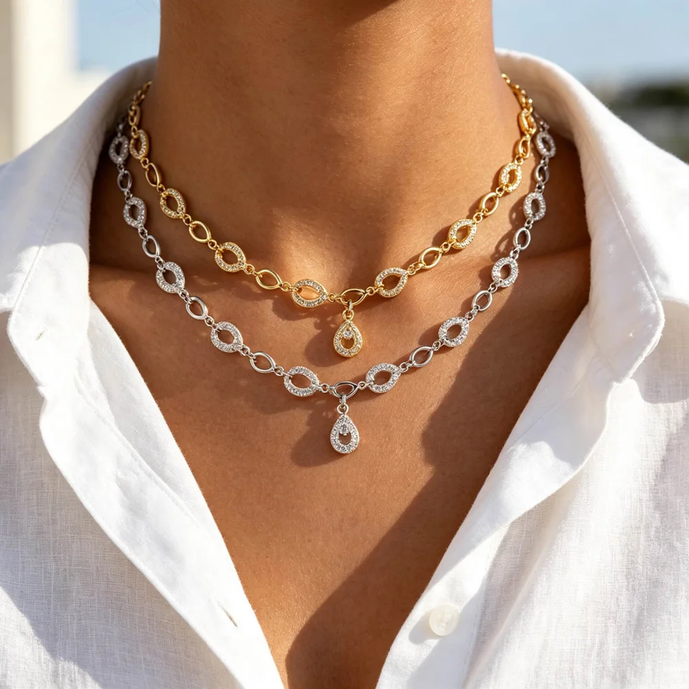 Full Cubic Zircon Necklace Wedding Accessories Simple Water Drop Pendant Chokers Bridal Marriage Collarbone Chain Neck Jewelry