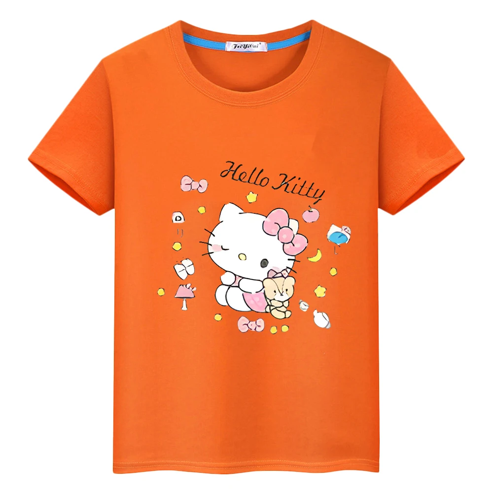 تي شيرت مطبوع Hello kitty للصبيان والبنات ، قطن ، لطيف ، أنيمي ، قصير ، فخر ، y2k ، هدية للأطفال ، قطعة واحدة ، الصيف