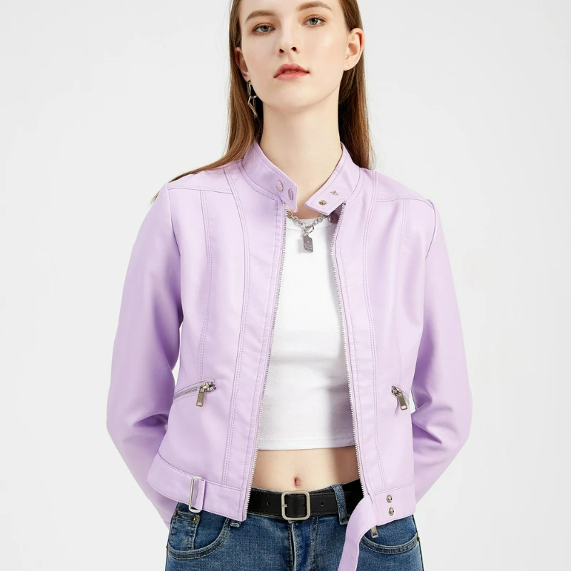 패셔너블한 단색 지퍼 스탠드업 칼라 여성 가죽 재킷 봄과 가을 2026 여성용 짧은 가죽 외투