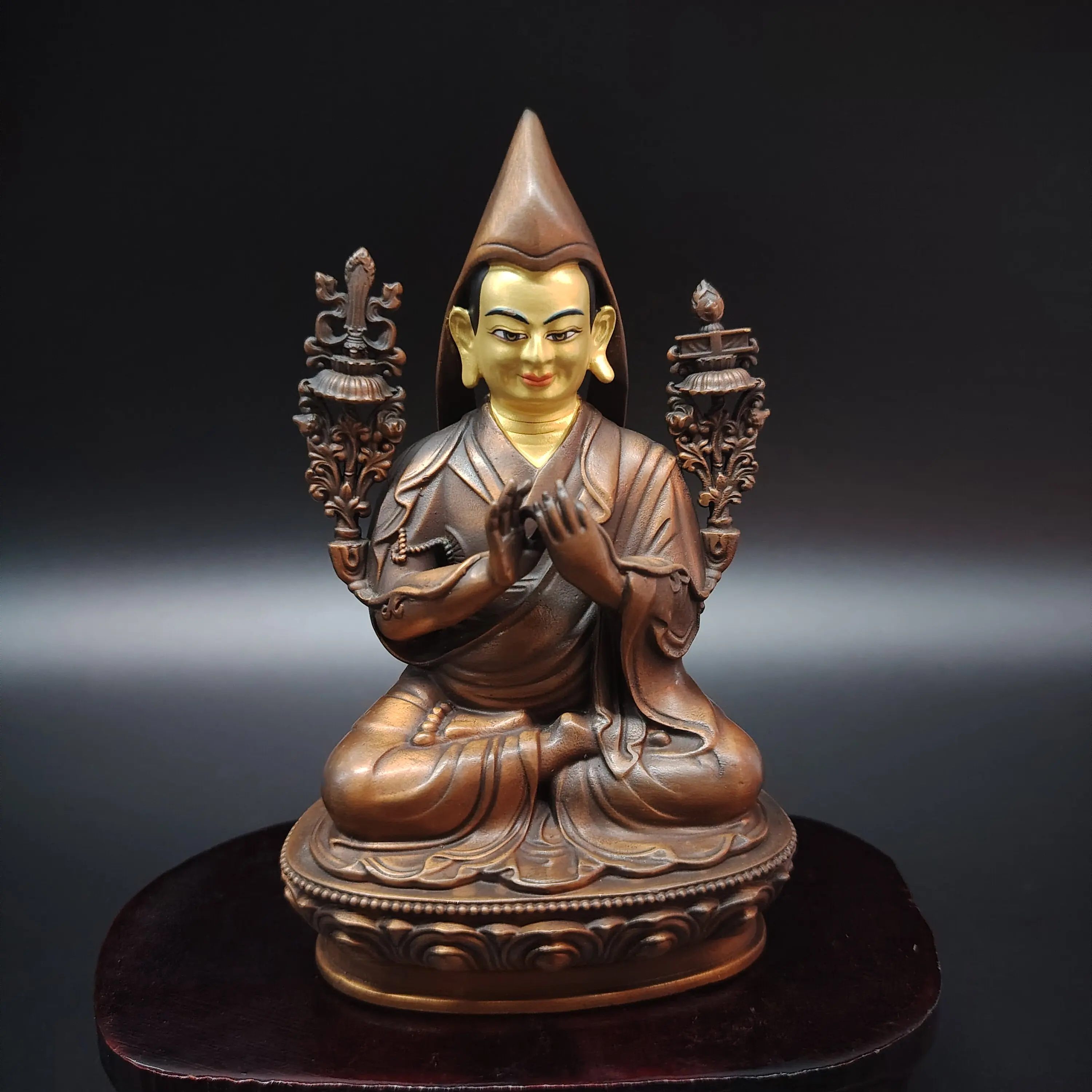 Tibetan Pure Copper Painted Face Tsongkhapa Master Buddhist Statue 10cm Home Craft Car Desktop Blessing
