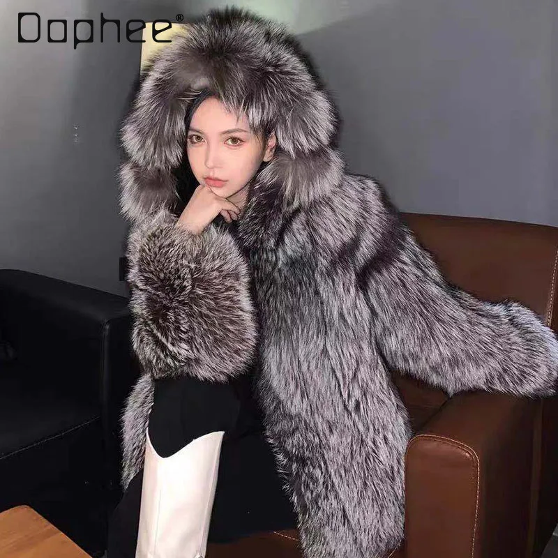 

High-end Faux Fox Fur Elegant Socialite Coat Winter Fashion Stand Collar Thickened Warm Eco-friendly Fur Hooded Fur Coat Women