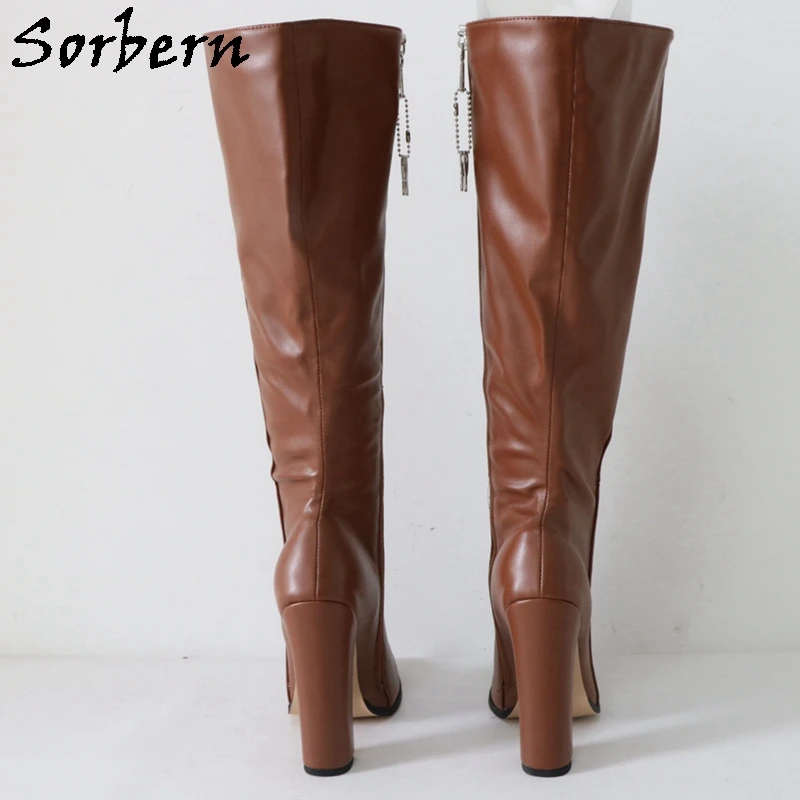 Sorbern Custom Brown Knee High Boots Women Unisex Style Cute Round Toe Block High Heel 14Cm Lockable Zipper Big Size Eu33-48