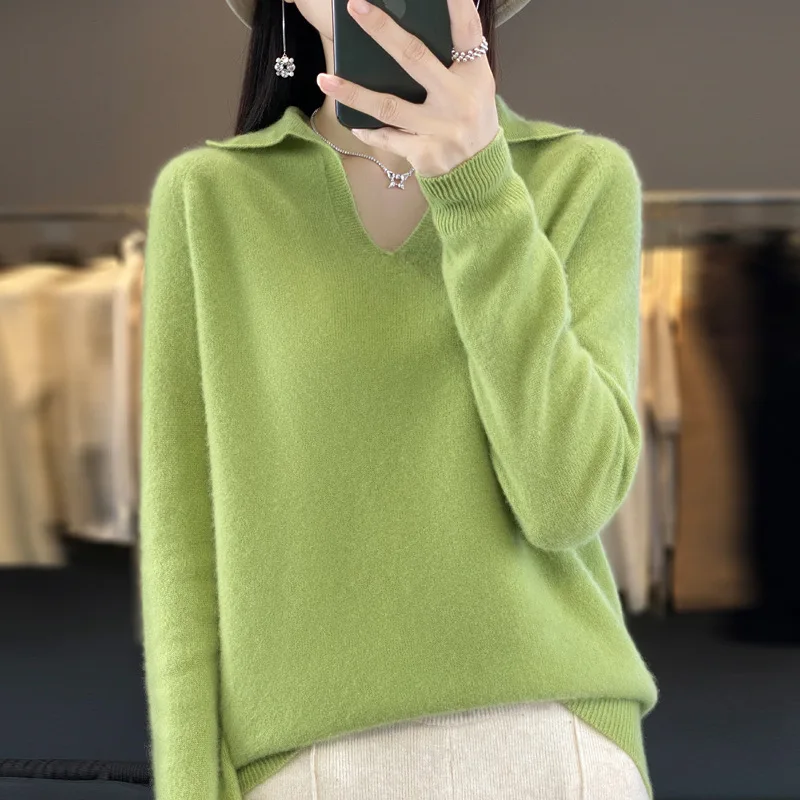 Women Polo Collar V Neck Knit Sweater Seamless One Piece Loose Wool Base Layer Top