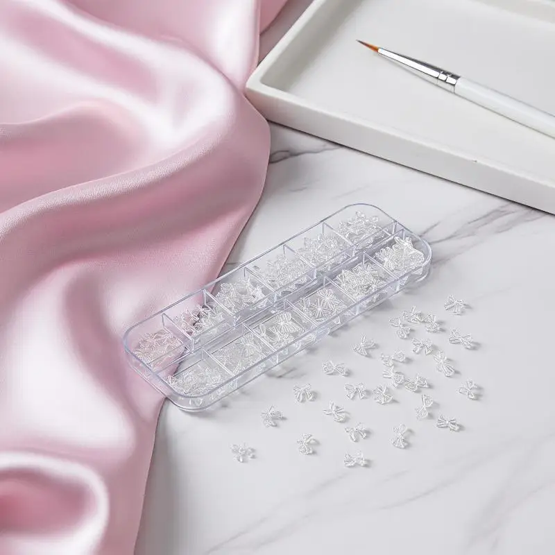 12 Grids 3D Bow Tie Nail Charms Transparent Y2K Moon Rivet Studs Kit for DIY Nail Art Design Supplies