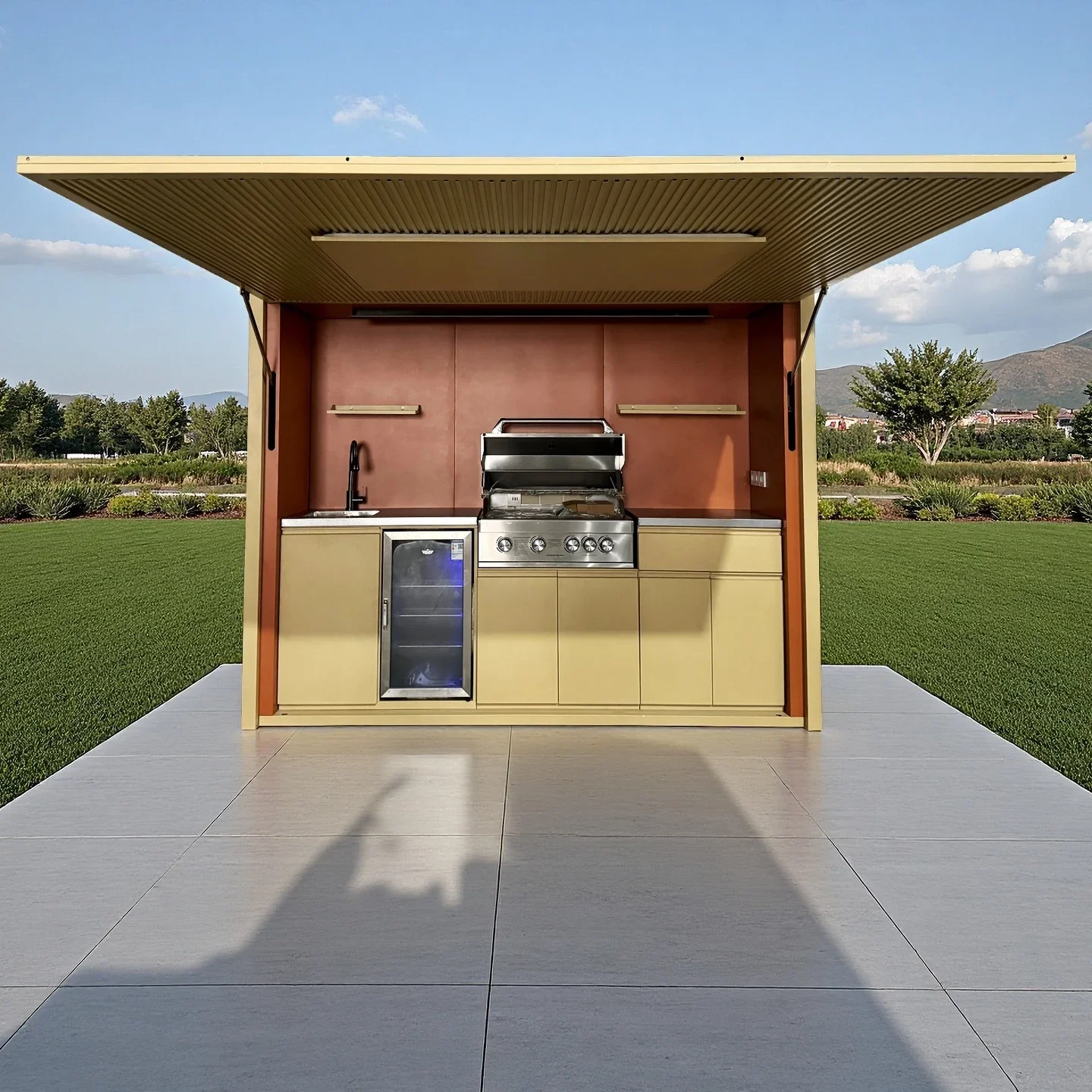 Luxury Patio Outdoor Kitchen Cabinet With Motorized Lift Up Roof And Built In Grill Sink Refrigerator Storage