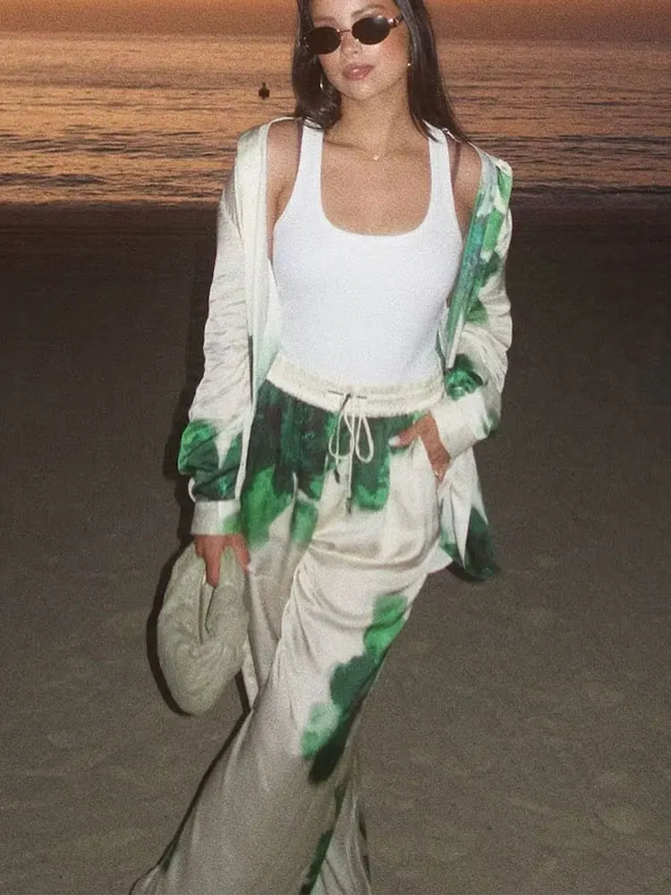 Woman Print Trouser Set Long Sleeves Lapel Shirt Top + Elastic Waist Lace Up Casual Women\'s Wide Leg Long Pant Streetwear