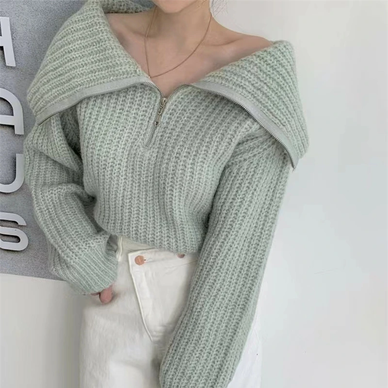 In Stock New Autumn Winter Large Lapel Collar Zipper Knitting Sweater Tops Fashion Women Long Sleeve Thick Warm Loose Pullover