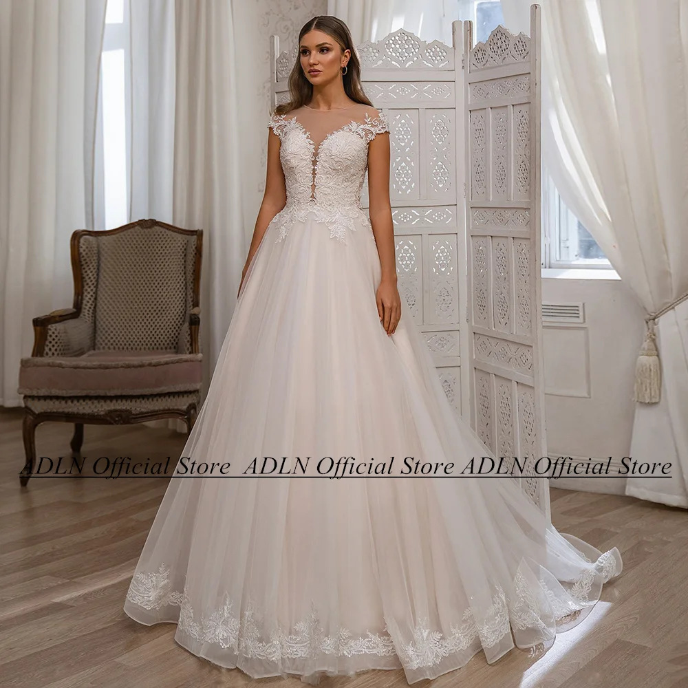 ADLN-Vestido De novia con cuello redondo y manga De casquillo, Vestido De novia con perlas, apliques De tren De barrido, De línea A Vestido De novia, tul Mariee