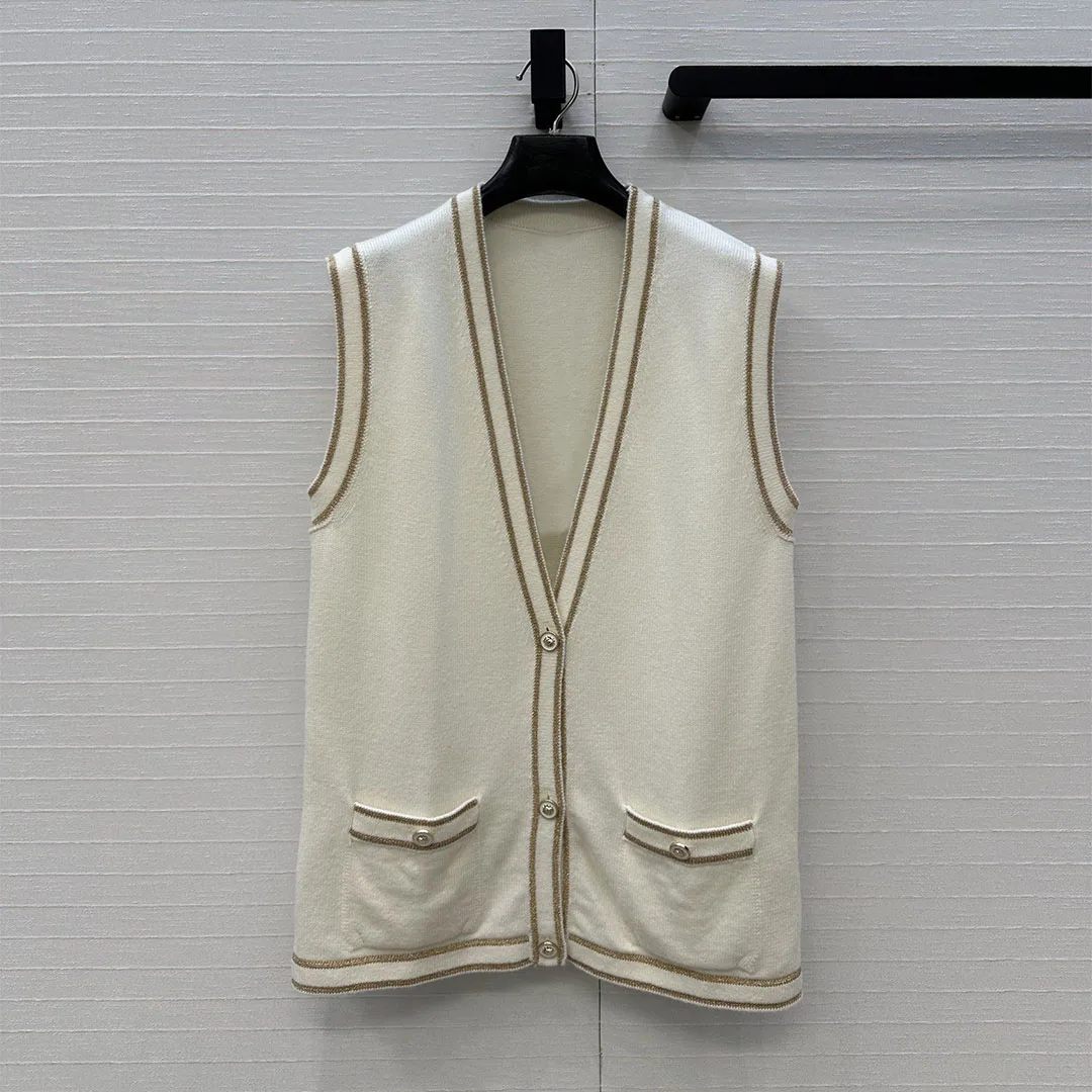 

Vintage Preppy Style Long Cardigan Sweater Women Vest V-neck Sleeveless Gold Thread Stripes Pockets Buttons Knitted Tank Sweater