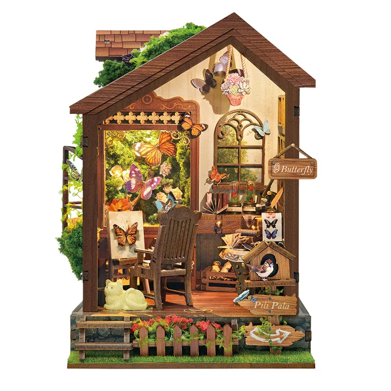 لتقوم بها بنفسك بيت الدمى الخشبي فراشة منازل نموذج مصغر مع مجموعة الأثاث ثلاثية الأبعاد تجميع لعبة للأطفال الكبار هدية عيد ميلاد كازا