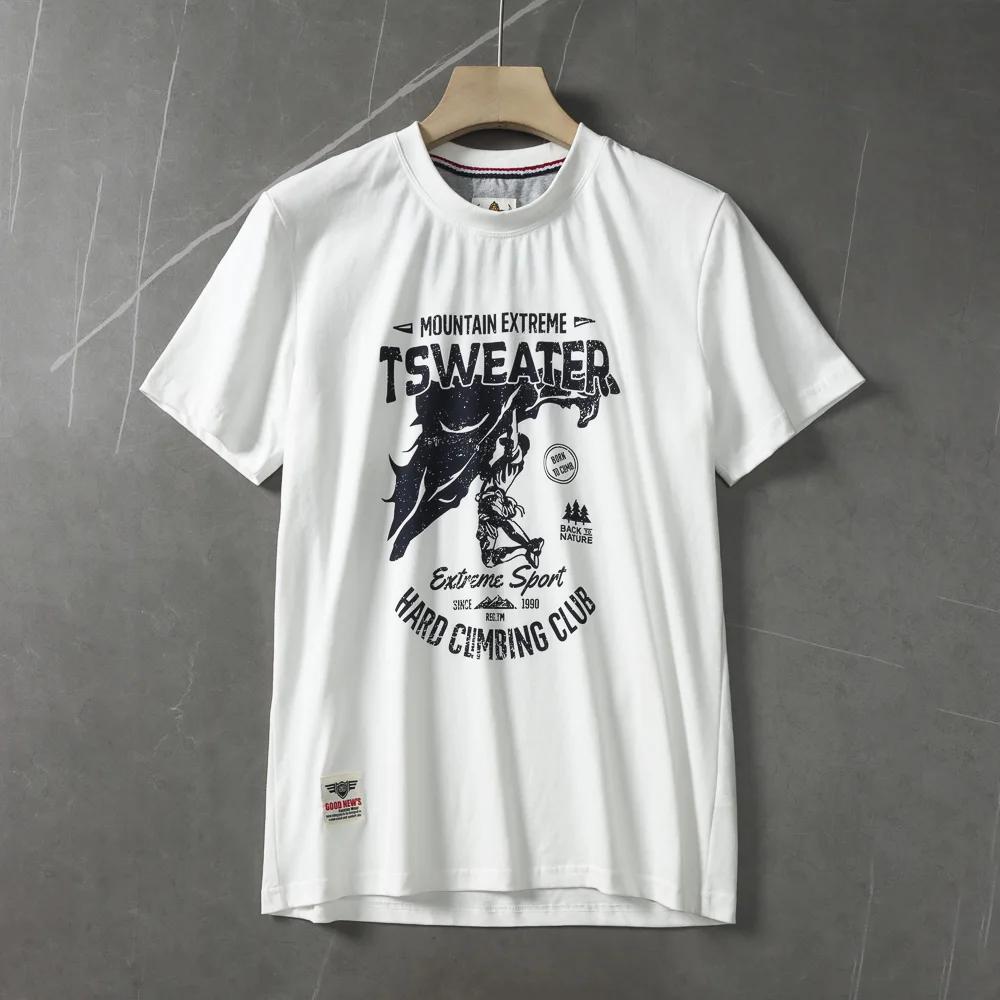 2025 Summer New American Retro Short Sleeve O-neck Letter Climbing Printed T-shirt Men's Fashion 100% Cotton Washed Casual Tops